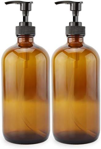 16-Ounce Amber Glass Bottles w/ Pump Dispensers (2-Pack); Refillable Lotion Liquid Soap Pump Brow... | Amazon (US)