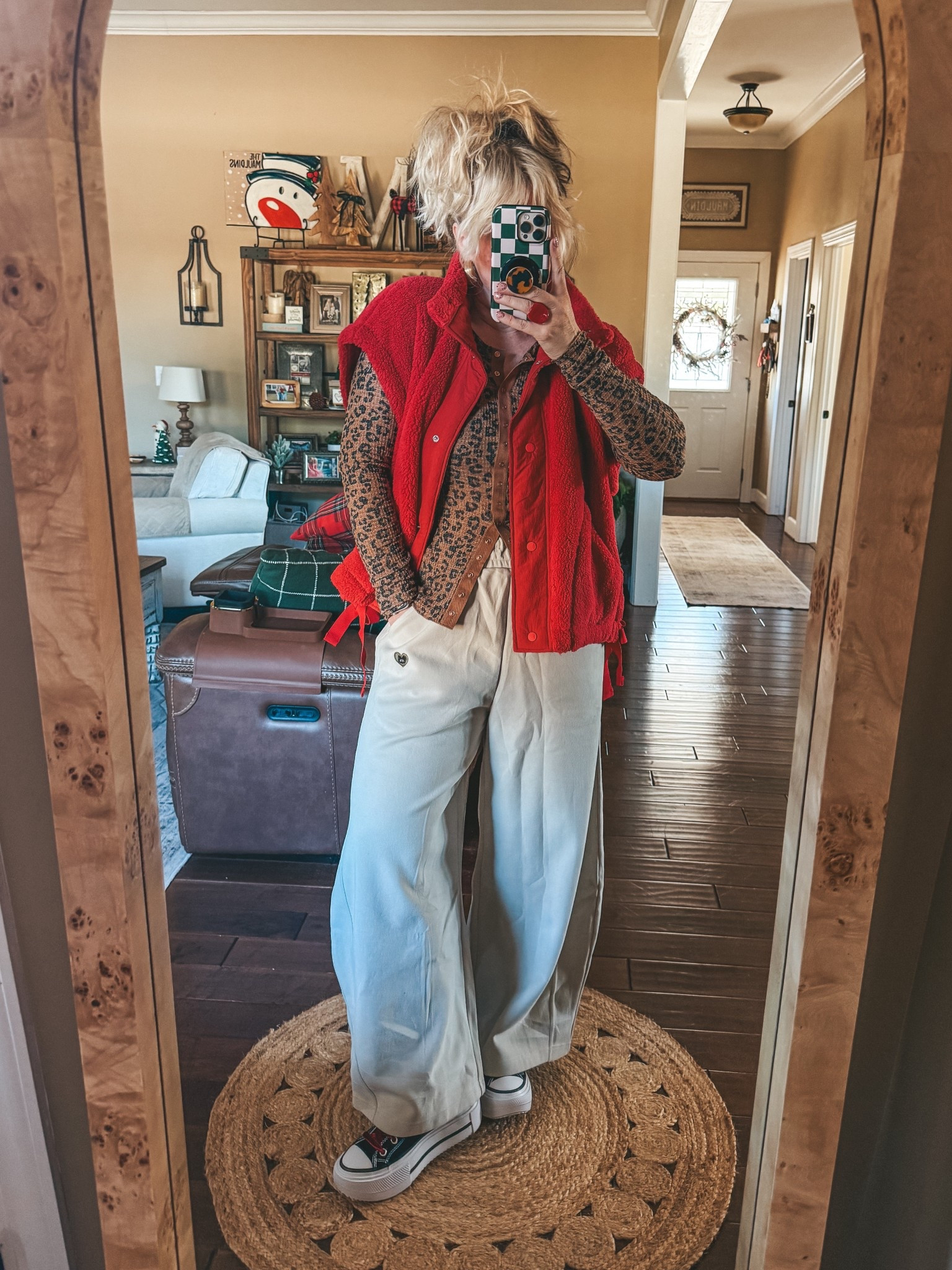 The coziest vest and I love this leopard button up thermal tee. I’m also obsessed with these barrel sweatpants. 
Leopard tee M
Red vest S
Pants M 


#LTKootd #LTKFindsUnder100 #LTKOver40