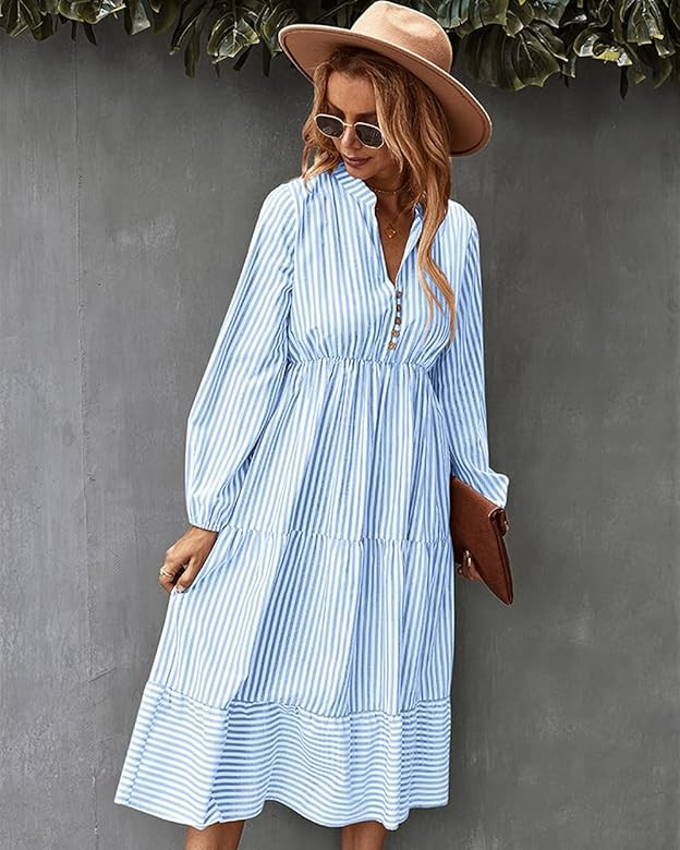 YOXUA Women's Shirt Dresses Sleeveless V Neck Midi Dress Striped Pleated Ruffle Tunic Tops Casual... | Amazon (US)