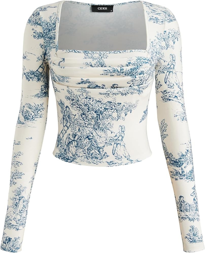 CIDER Santorini Beach Vacation Toile de Jouy Square Neck Ruched Long Sleeve Crop Top | Amazon (CA)