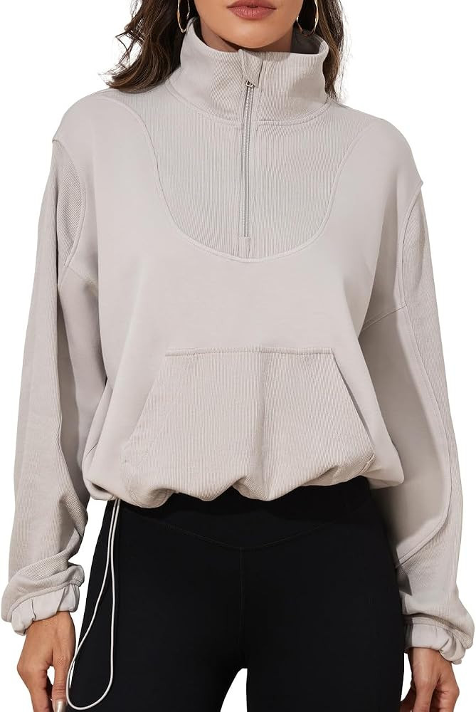 kayamiya Women's Air Soft Ribbed Half Zip Cropped Sweatshirt Stand Collar Drawstring Workout Top ... | Amazon (US)