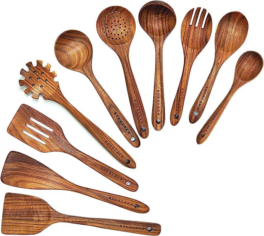 Wooden Spoons for Cooking,10 Pcs Natural Teak Wooden Kitchen Utensils Set Wooden Utensils for Coo... | Amazon (US)