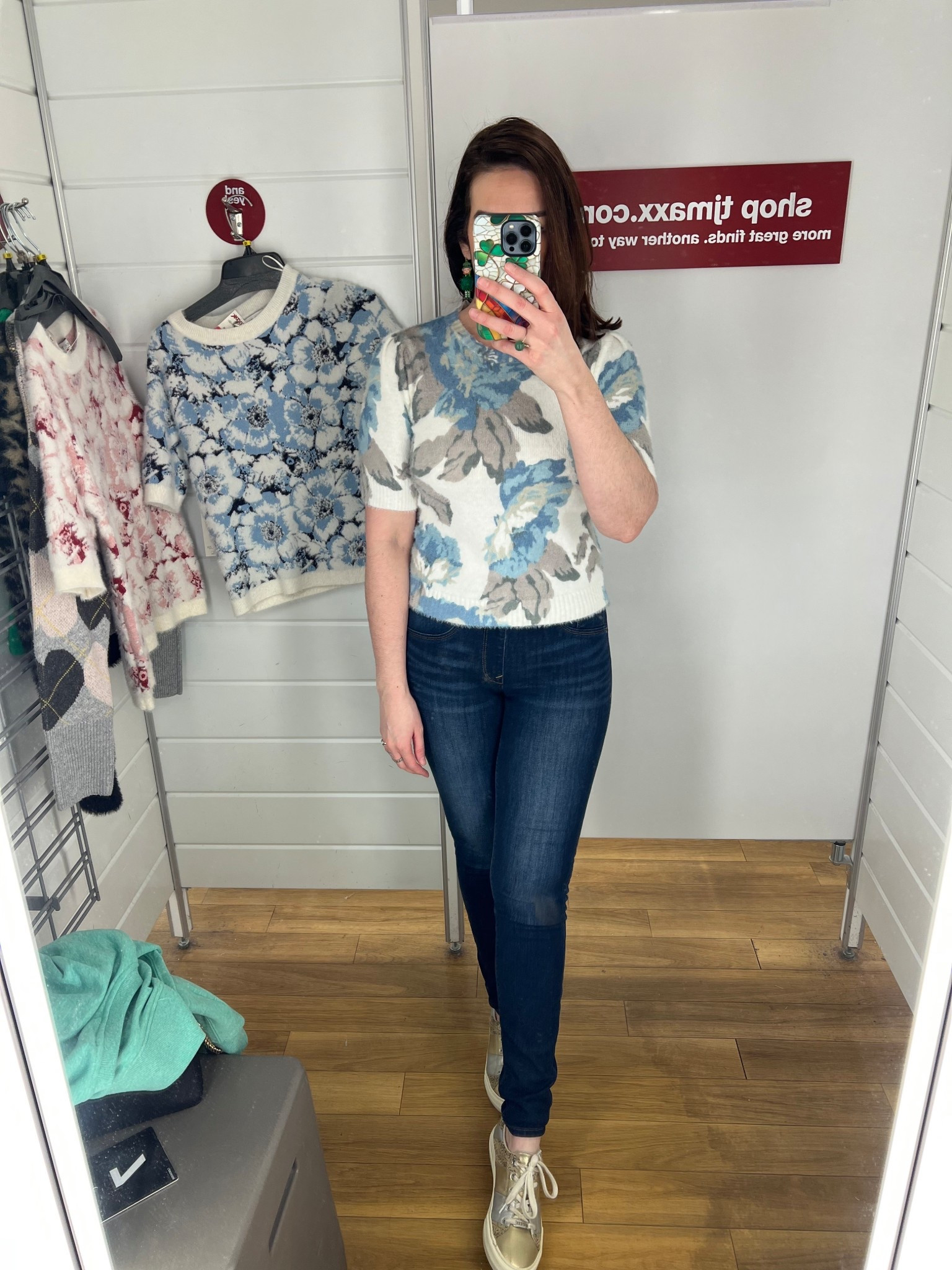 Blue floral fuzzy short sleeve sweater (xs). Dark wash mid rise skinny jeans (4). Gold and silver sneakers (8.5). #sweater #fuzzysweater #floralsweater #shortsleevesweater #skinnyjeans #midrisejeans #darkwashjeans #sneakers #goldsneakers 
spring outfits 2026 

#LTKSeasonal #LTKSpringSale