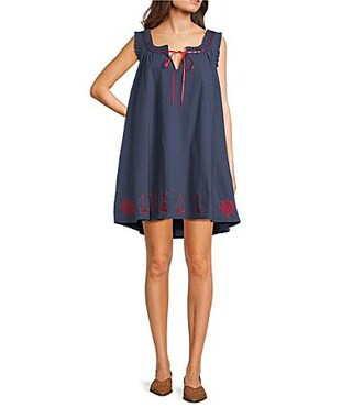 Bailey Rose Nantucket Scoop Tie Neck Sleeveless Embroidered Hem Mini Dress - M | Dillard's
