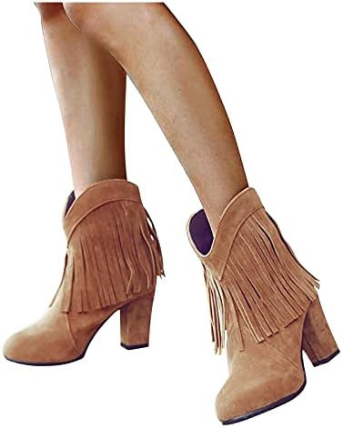 NOLDARES Boots for Women Fashion Fringe Tassel Slip On Boots Solid Ankle Frosted Cowgirl Boots Wo... | Amazon (US)