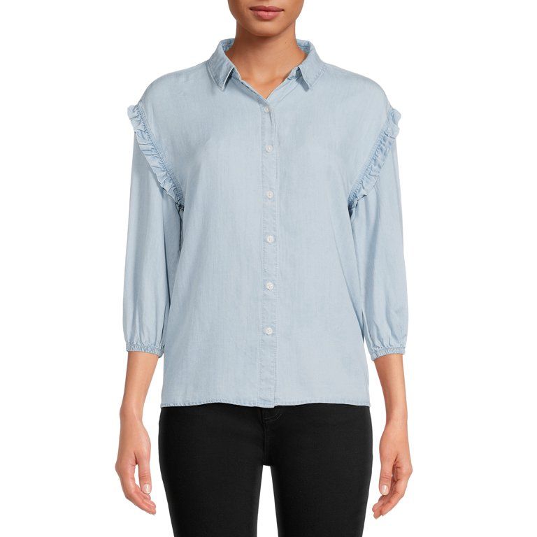 Time and Tru Women's Ruffle Sleeve Button Front Shirt | Walmart (US)