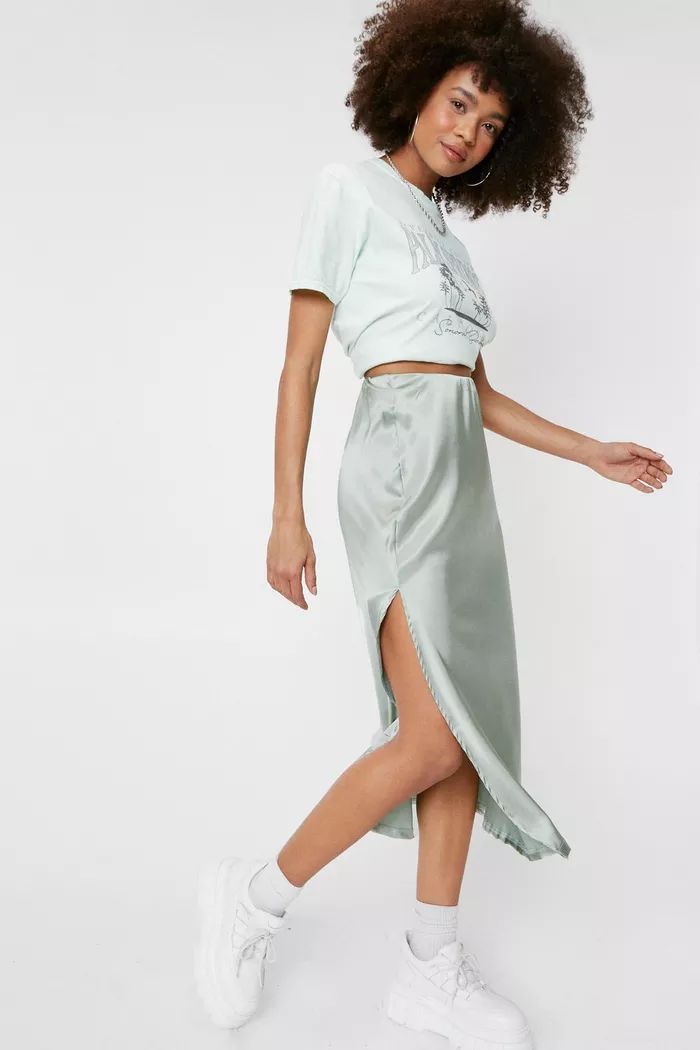 High Waisted Satin Side Split Midi Skirt | Nasty Gal (US)