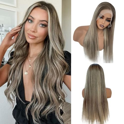 Munx 32 Inch Ash Blonde Highlight Wig Human Hair, 13x6 Straight HD Transparent Lace Front Wigs Real Human Hair Pre Plucked 180 Density Deep Part Long Balayage Wig Real Human Hair for Women | Amazon (US)
