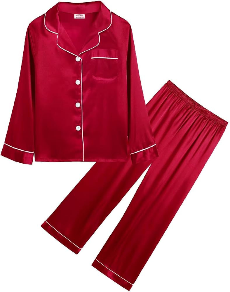 SWOMOG Silk Satin Pajamas Set Button-Down PJs Two-Piece Lounge Sets Short Sleeve Sleepwear with L... | Amazon (CA)