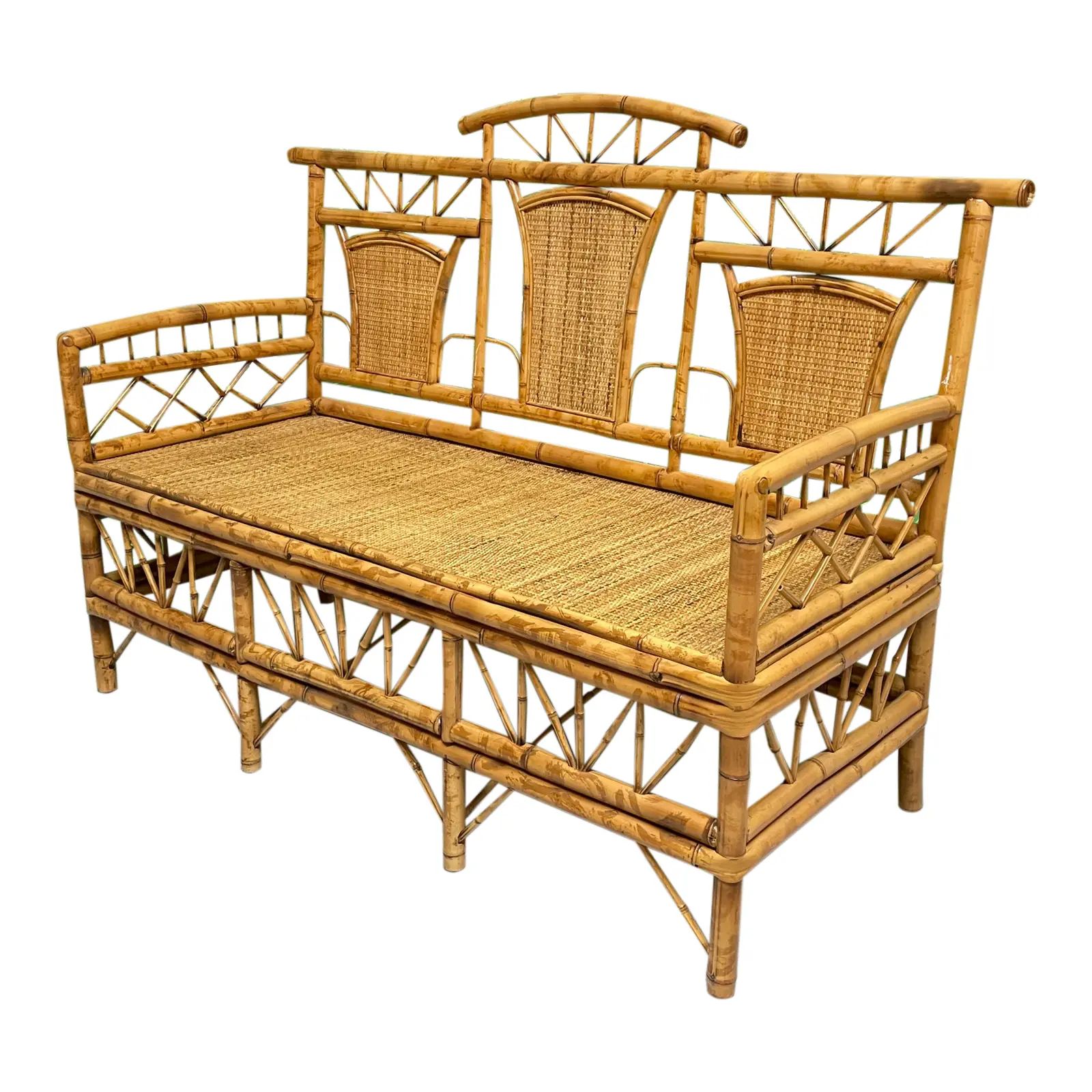 Chinoiserie Style Bamboo and Woven Wicker Loveseat Bench | Chairish