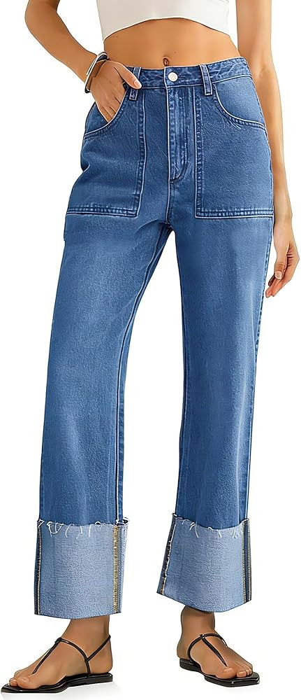 Womens High Waisted Baggy Cuffed Jeans Wide Straight Leg Boyfriend Denim Pants with Deep Pockets | Amazon (US)