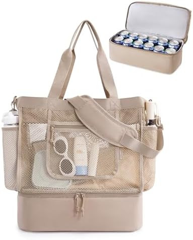 BAGSMART Beach Bag for Women, Mesh Tote Bags with Zipper, Sandproof Vacation Essentials with Cool... | Amazon (US)