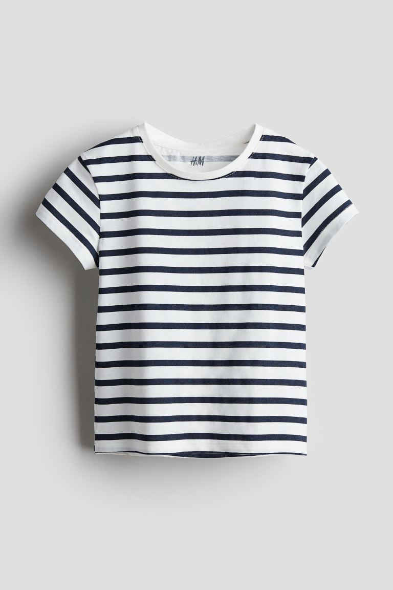 Patterned Cotton Jersey T-shirt - Round Neck - Short sleeve - Navy blue/striped - Kids | H&M US | H&M (US + CA)