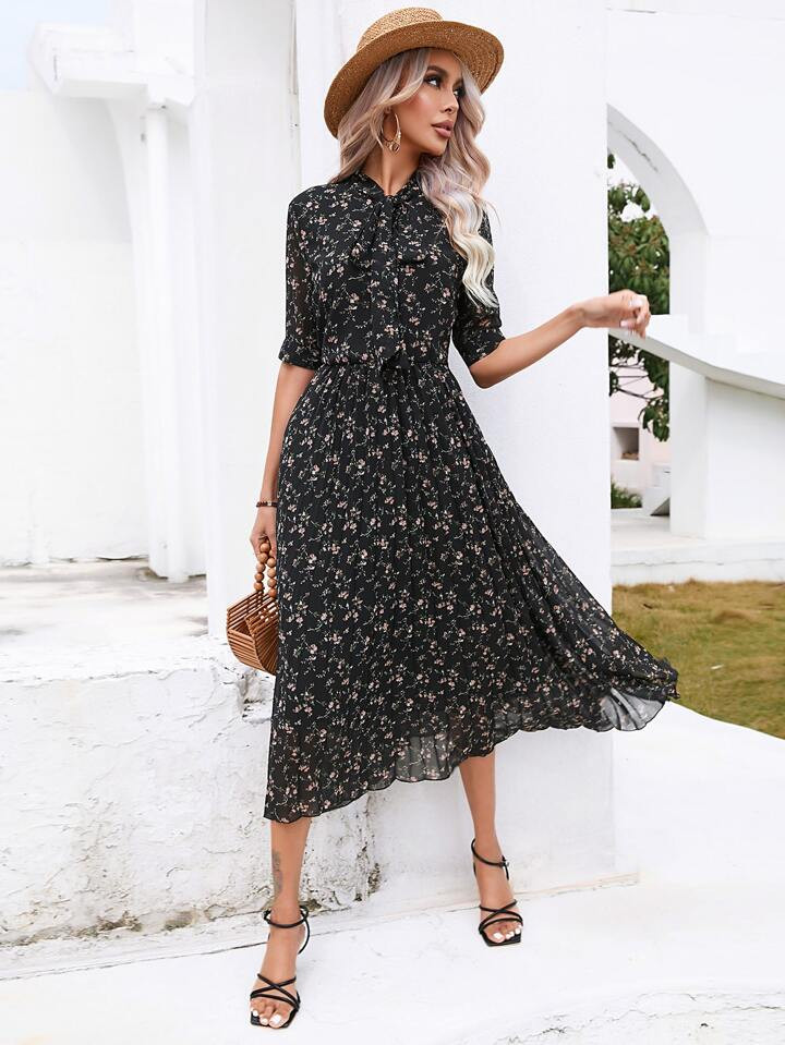 Aveloria Ditsy Floral Print Tie Neck Belted Dress | SHEIN