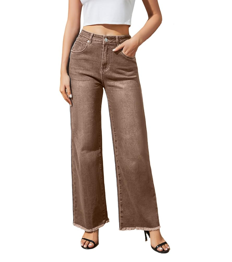Women's Wide Leg Jeans High Waisted Strechy Jeans for Women Straight Raw Hem Loose Casual Denim | Amazon (US)