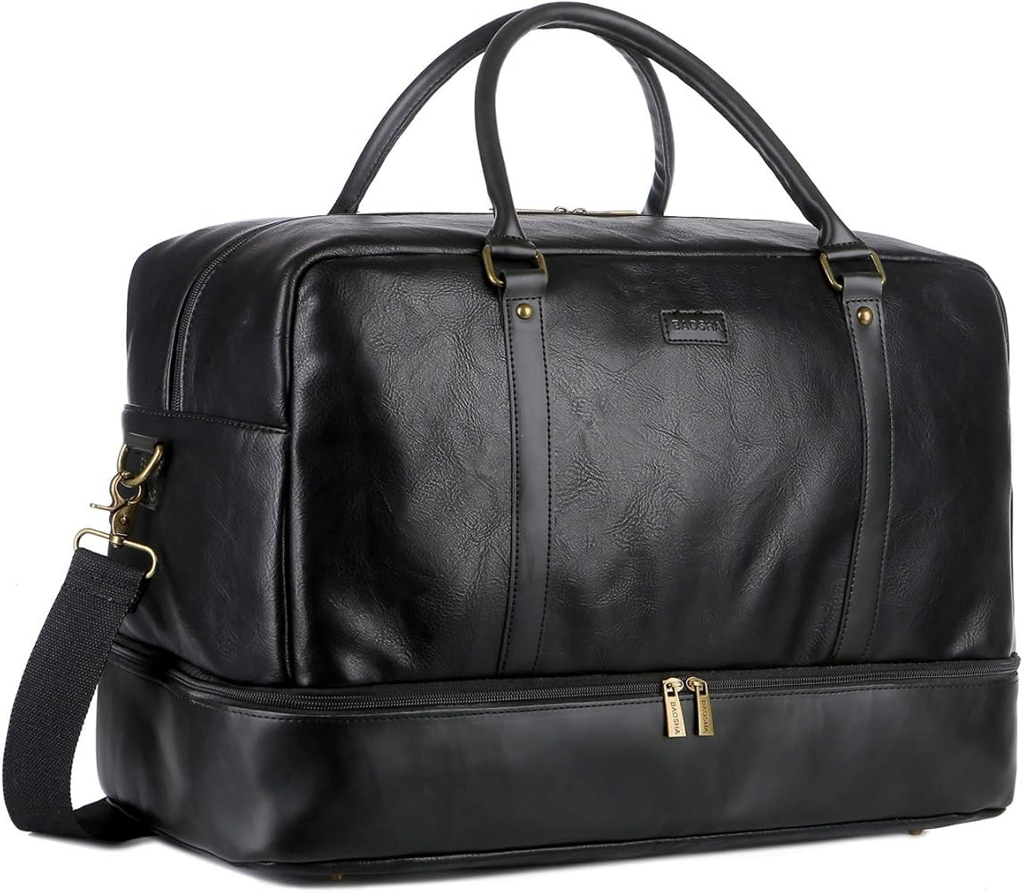 BAOSHA Vegan Leather Large Travel Duffel Tote Bag Carry On Weekender Overnight Bag With Shoe Comp... | Amazon (US)
