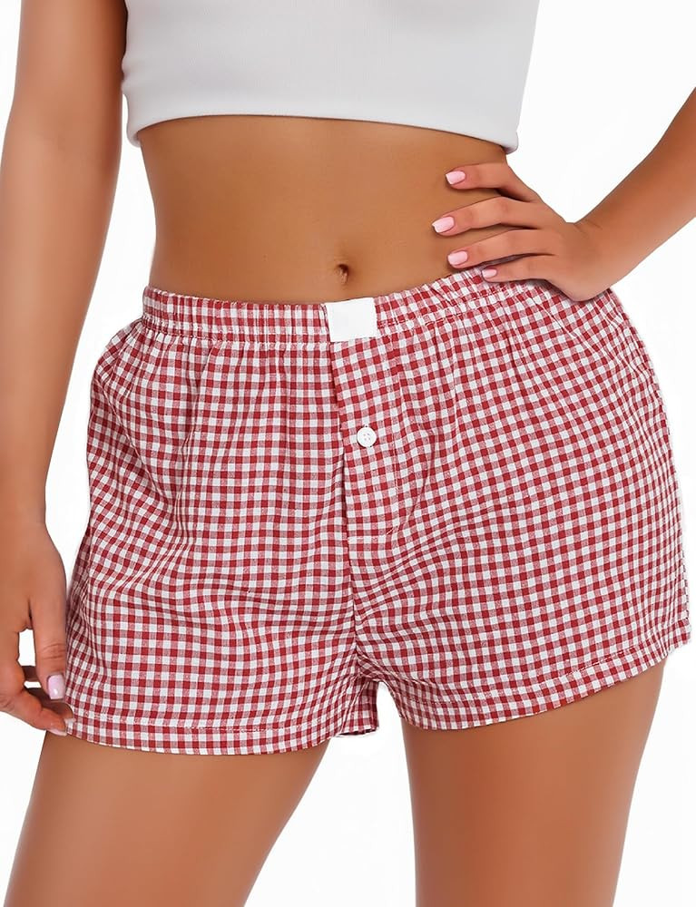 Womens Boxer Shorts Gingham Plaid Short Pants Pajamas Lounge Bottoms Y2K Cute Streetwear Pj Sleep... | Amazon (US)