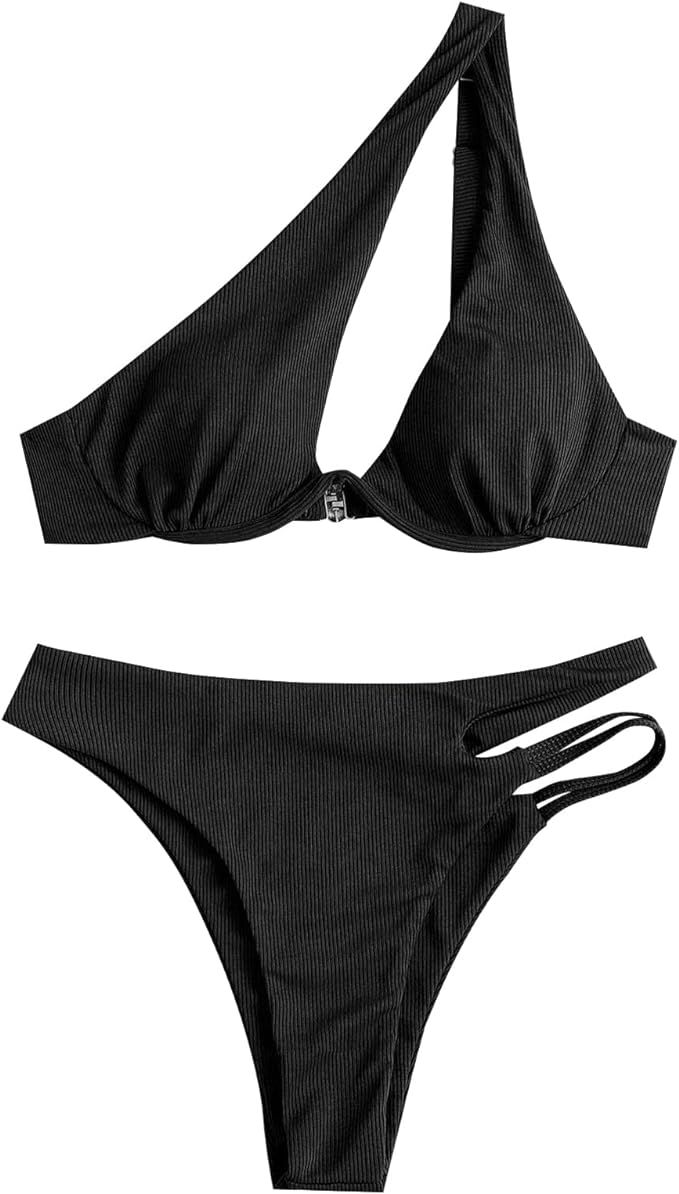 ZAFUL Women's Sexy Cutout One Shoulder Bikini Underwire Padded Two Piece Bathing Suit Cheeky Thon... | Amazon (US)