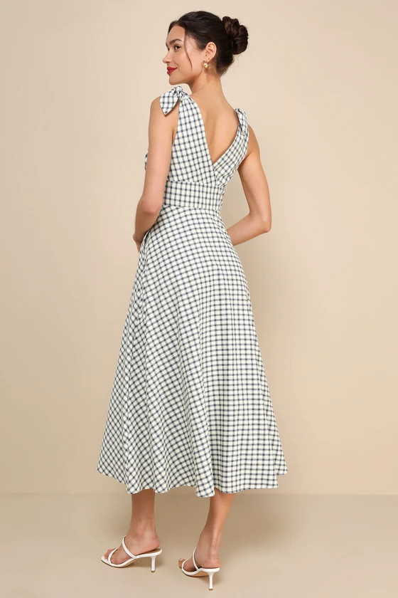Sweetest Posture Navy and Cream Gingham Midi Dress With Pockets | Lulus