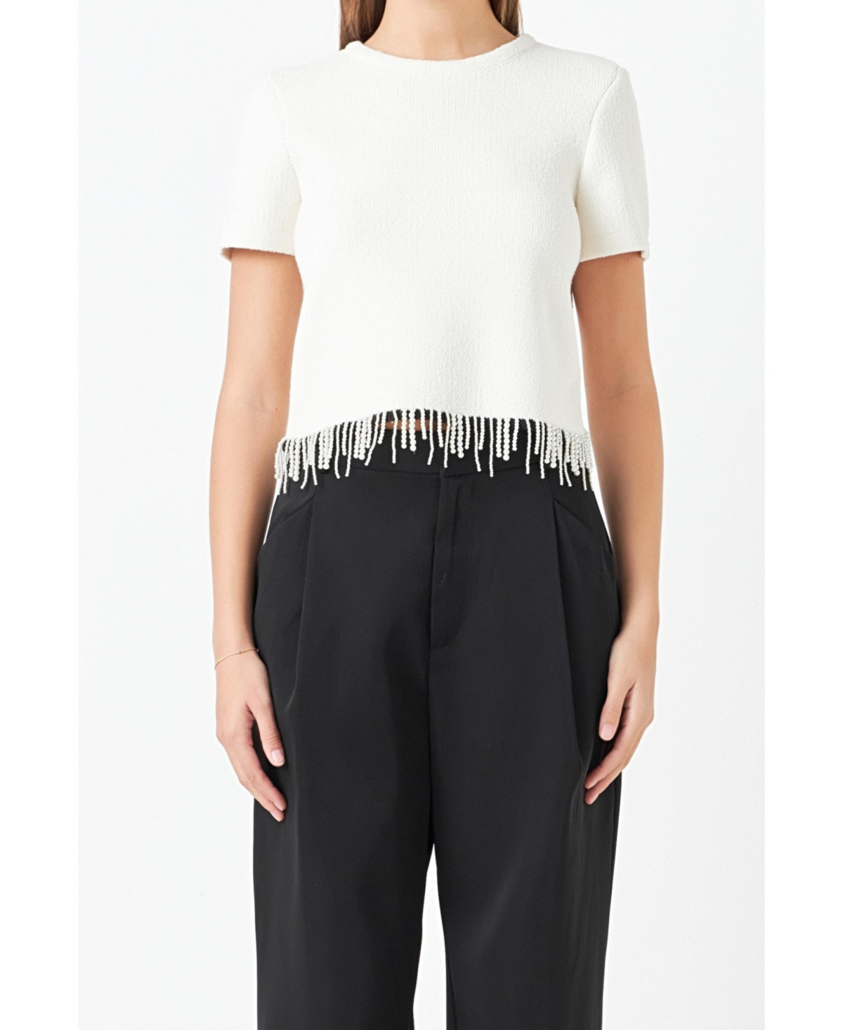 Women's Pearl Trim Knit Top - Cream | Macy's