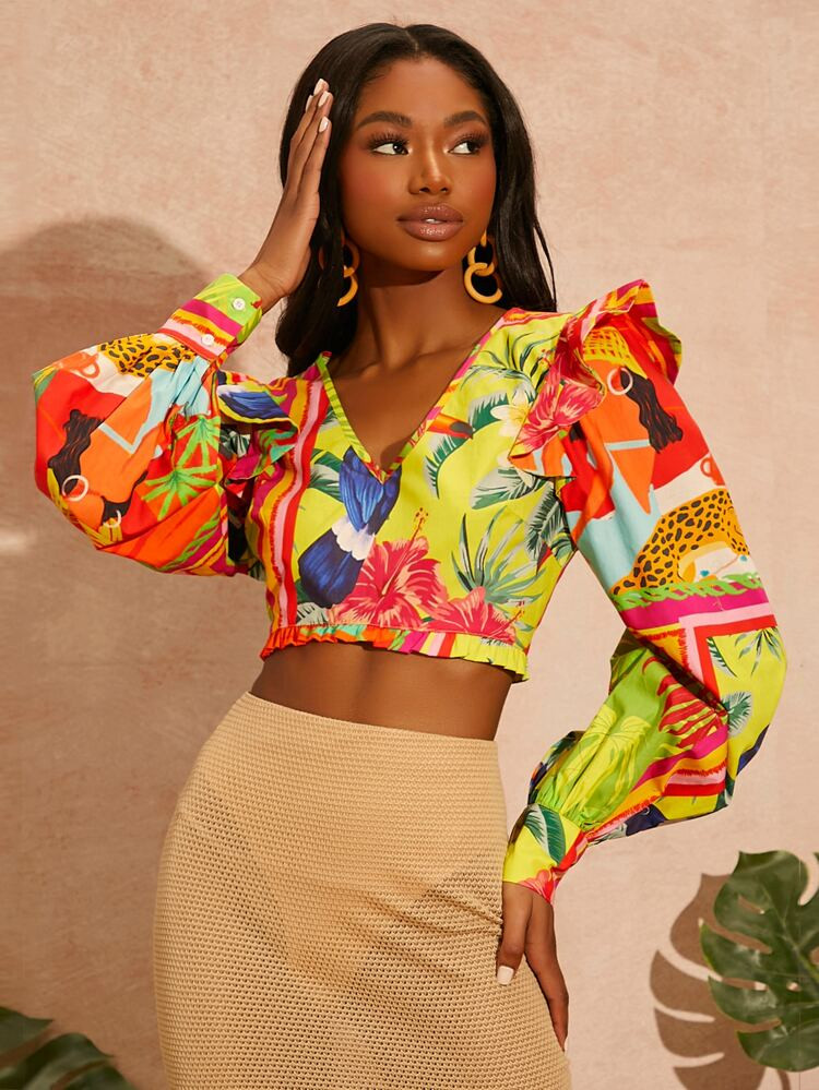 SHEIN Tropical Print Ruffle Detail Crop Top | SHEIN