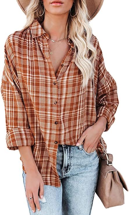 Happy Sailed Women Classic Plaid Button Down Boyfriend Long Sleeve Shirts Blouses Tops(S-XXL) | Amazon (US)