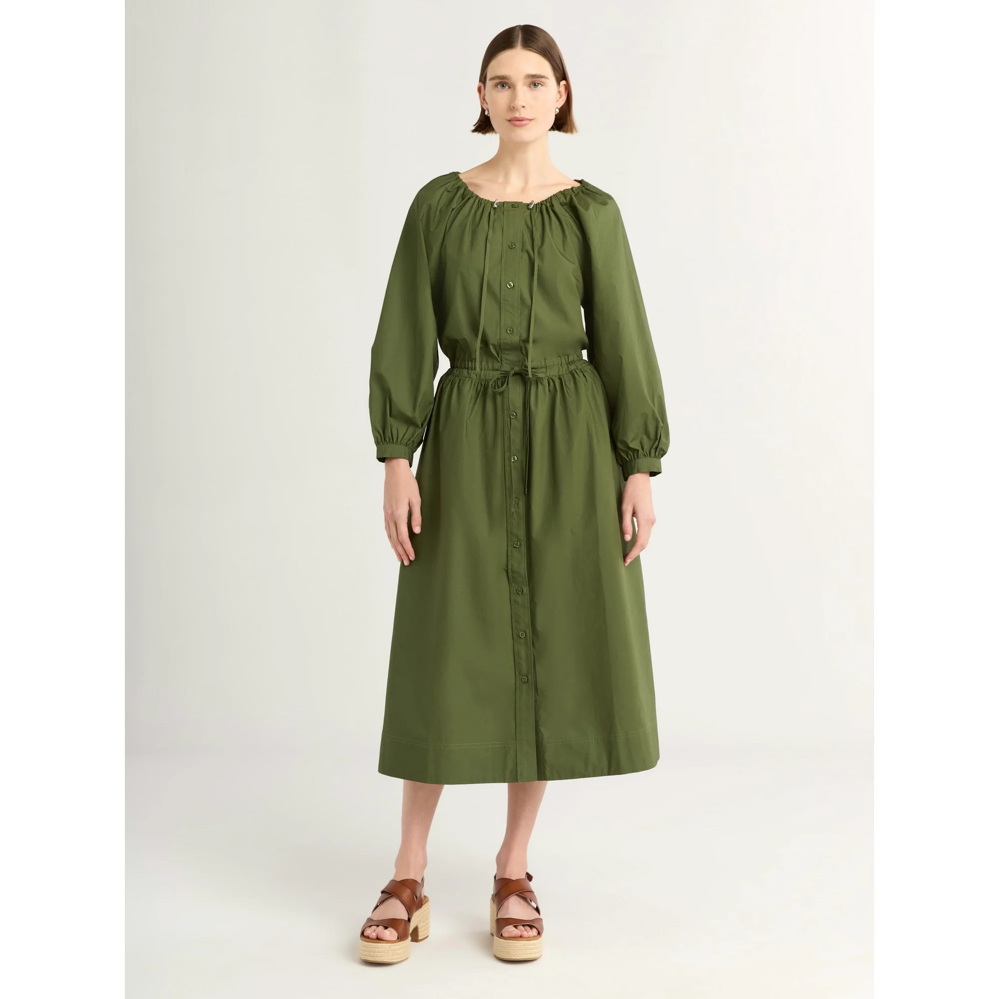 Free Assembly Women's Gathered Neck Cotton Maxi Dress with Long Sleeves, XS-XXXL | Walmart (US)
