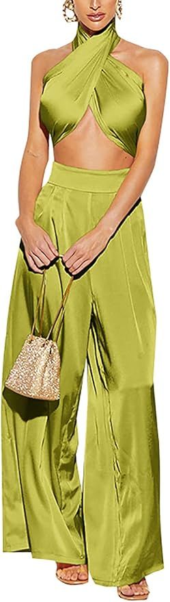 Summer Elegant Two Piece Outfits for Women, Halter Criss Cross Tank Crop Tops and Wide Leg Pants ... | Amazon (US)