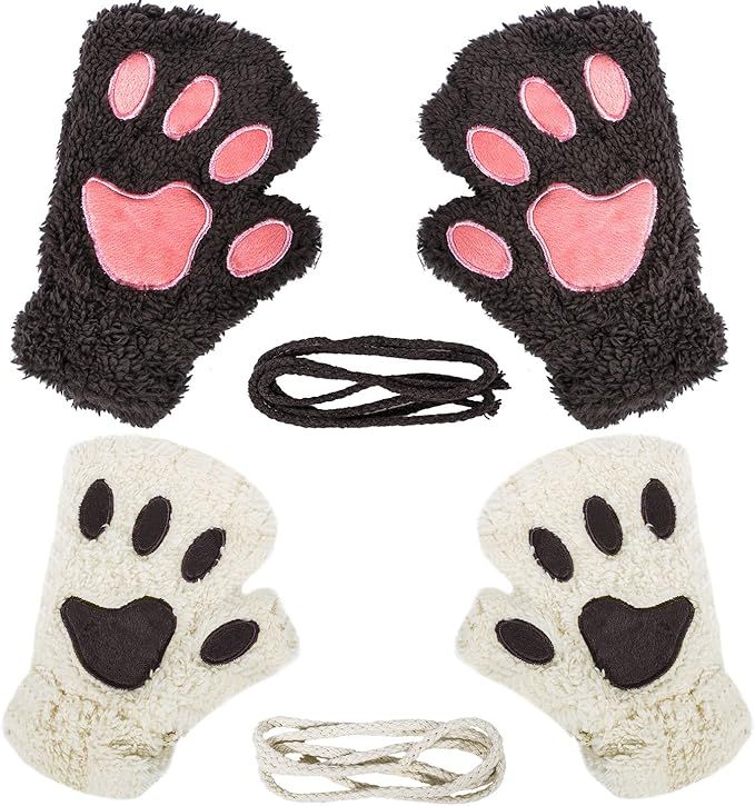 Loritta 2 Pairs Womens Cat Paw Gloves Winter Plush Faux Fur Cute Kitten Fingerless Mittens | Amazon (US)