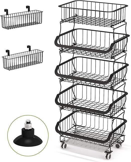 Fruit Basket, 1Easylife 3 Tier Stackable Metal Wire Basket Cart with Rolling Wheels, Utility Rack... | Amazon (US)