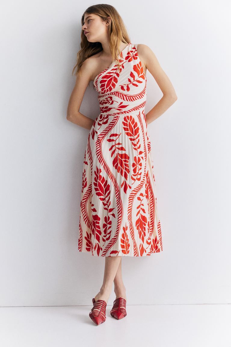 Pleated one-shoulder dress - Asymmetric neckline - Sleeveless - Cream/Red patterned - Ladies | H&... | H&M (UK, MY, IN, SG, PH, TW, HK)
