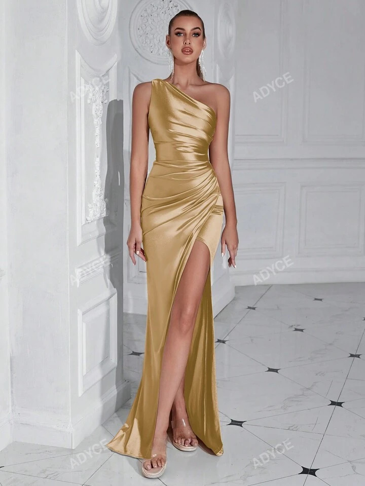 ADYCE ADYCE Metallic Oblique Shoulder Pleated High Slit Ruched Waisted Ball Party Date Night Long... | SHEIN