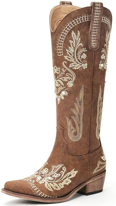 Cowboy Boots for Women - Wide Calf Knee High Western Cowgirl Boots, Sparkly Rhinestone Retro Coun... | Amazon (US)
