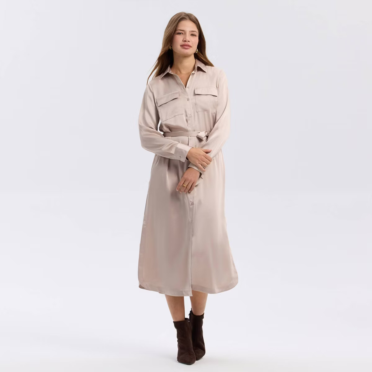 Women's Long Sleeve Belted Satin Midi Shirtdress - A New Day™ | Target