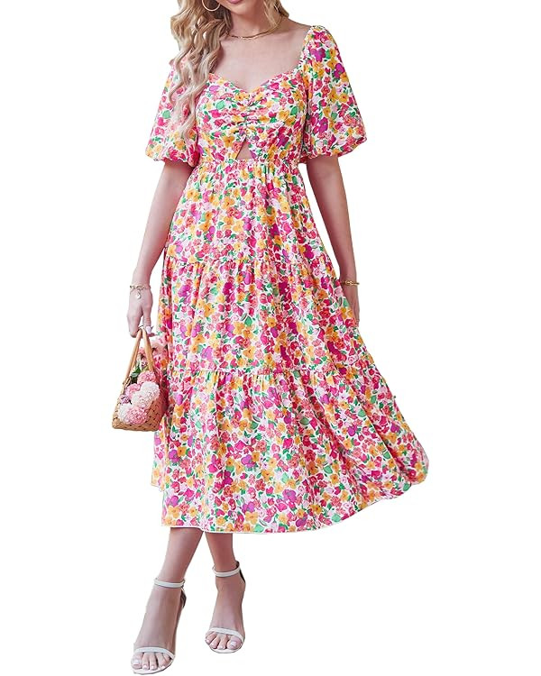 BTFBM Women Summer Dresses 2024 Casual Flowy Beach Square Neck Puff Short Sleeve Smocked Back Boh... | Amazon (US)