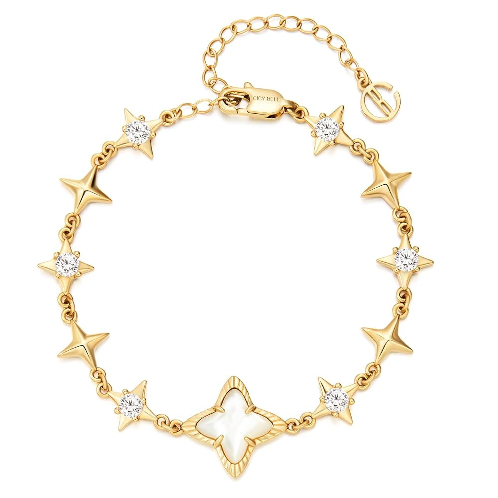Cicy Bell Womens 18k Gold Plated White Shell Cubic Zirconia Square Cross Adjustable Chain Link Br... | Amazon (US)