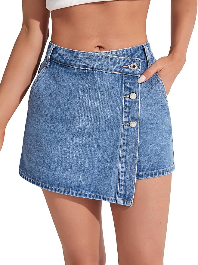 WDIRARA Women's High Waisted Button Front Denim Skort Asymmetrical Hem Skirt Shorts | Amazon (US)