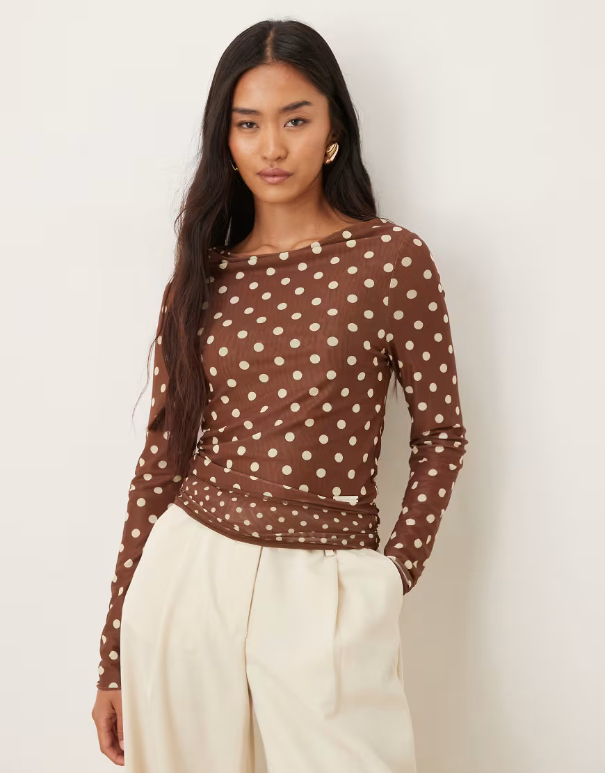 House of Sunny double layer polka dot mesh long sleeve top in brown | ASOS (Global)