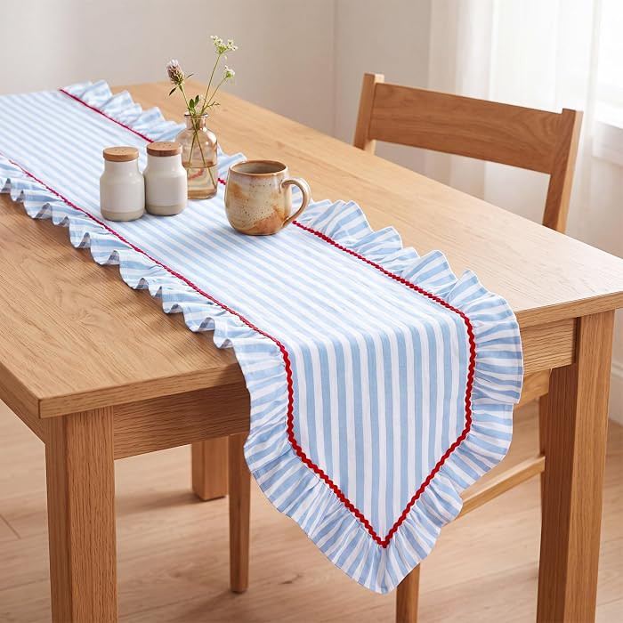 Blue and White Striped Ruffle Table Runner 72 x 12 Inch Stripes Print Table Runner with Red Serra... | Amazon (US)