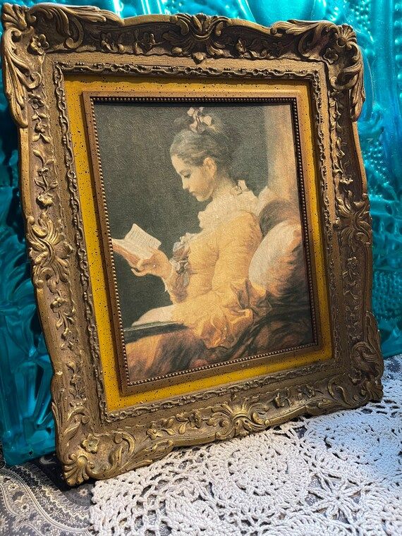 Vintage Ornate Plastic Framed Textured Print  Girl Reading  - Etsy | Etsy (US)