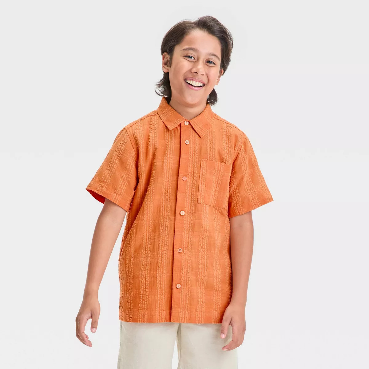 Boys' Short Sleeve Solid Seersucker Button-Down Shirt - Cat & Jack™ Coral Orange L: Cotton Rayo... | Target