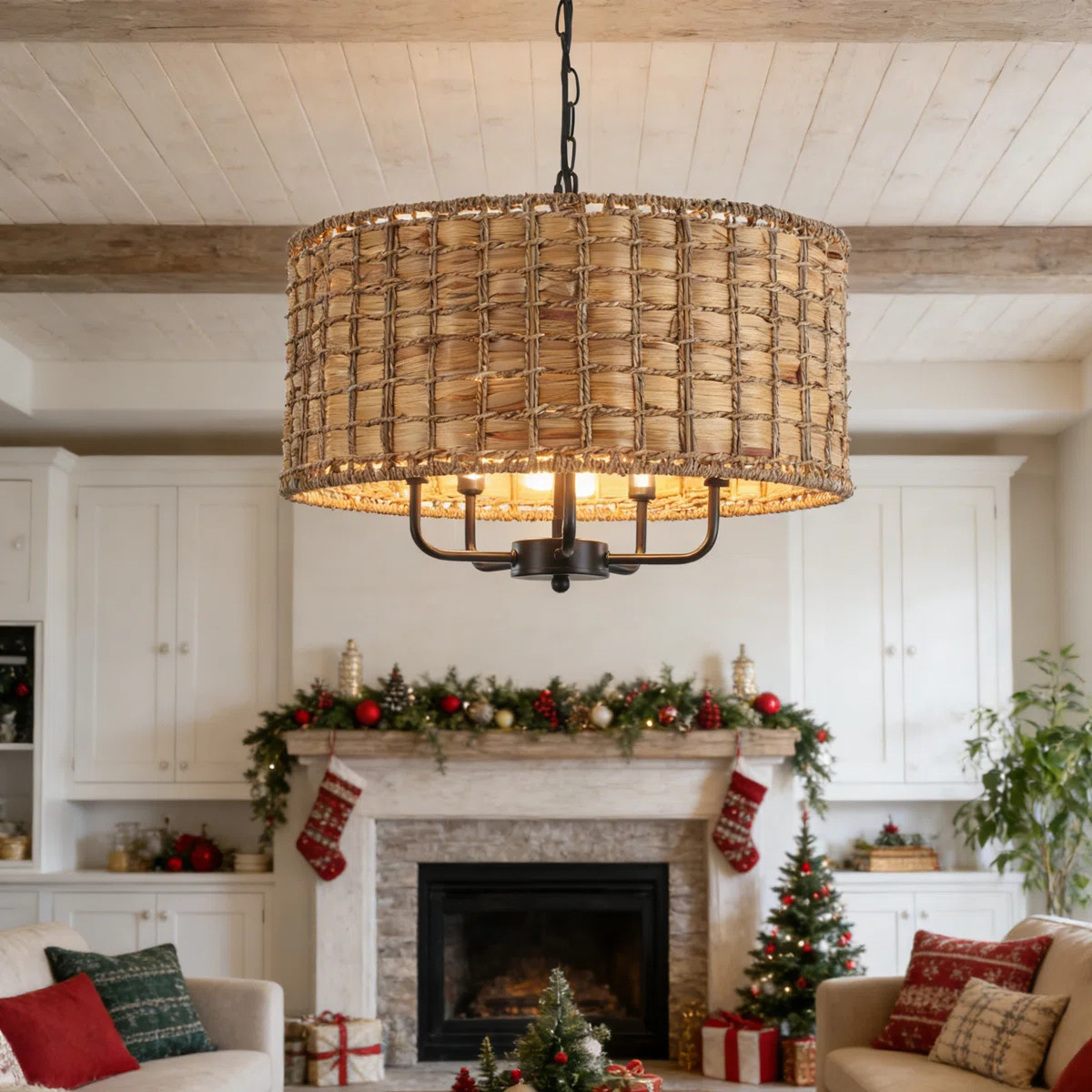 5 - Light Dimmable Bohemian Drum Rattan Chandelier Natural Rattan Seagrass Pendant Light for Livi... | Wayfair North America