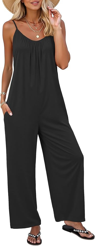 LILBETTER Women Jumpsuits Casual Sleeveless Spaghetti Strap Boho Wide Leg Rompers with Pockets | Amazon (US)