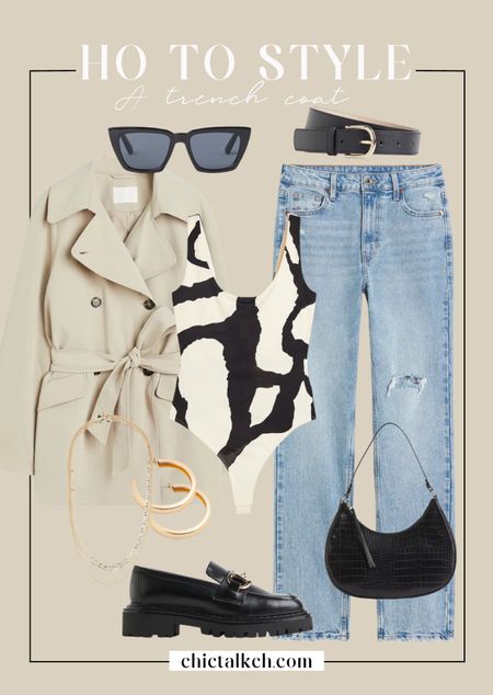 How to style a trench coat! Pair it with straight leg jeans and a printed bodysuit for a fun casual look! 
Spring outfit, denim outfit, date night look

#LTKunder50 #LTKshoecrush #LTKstyletip