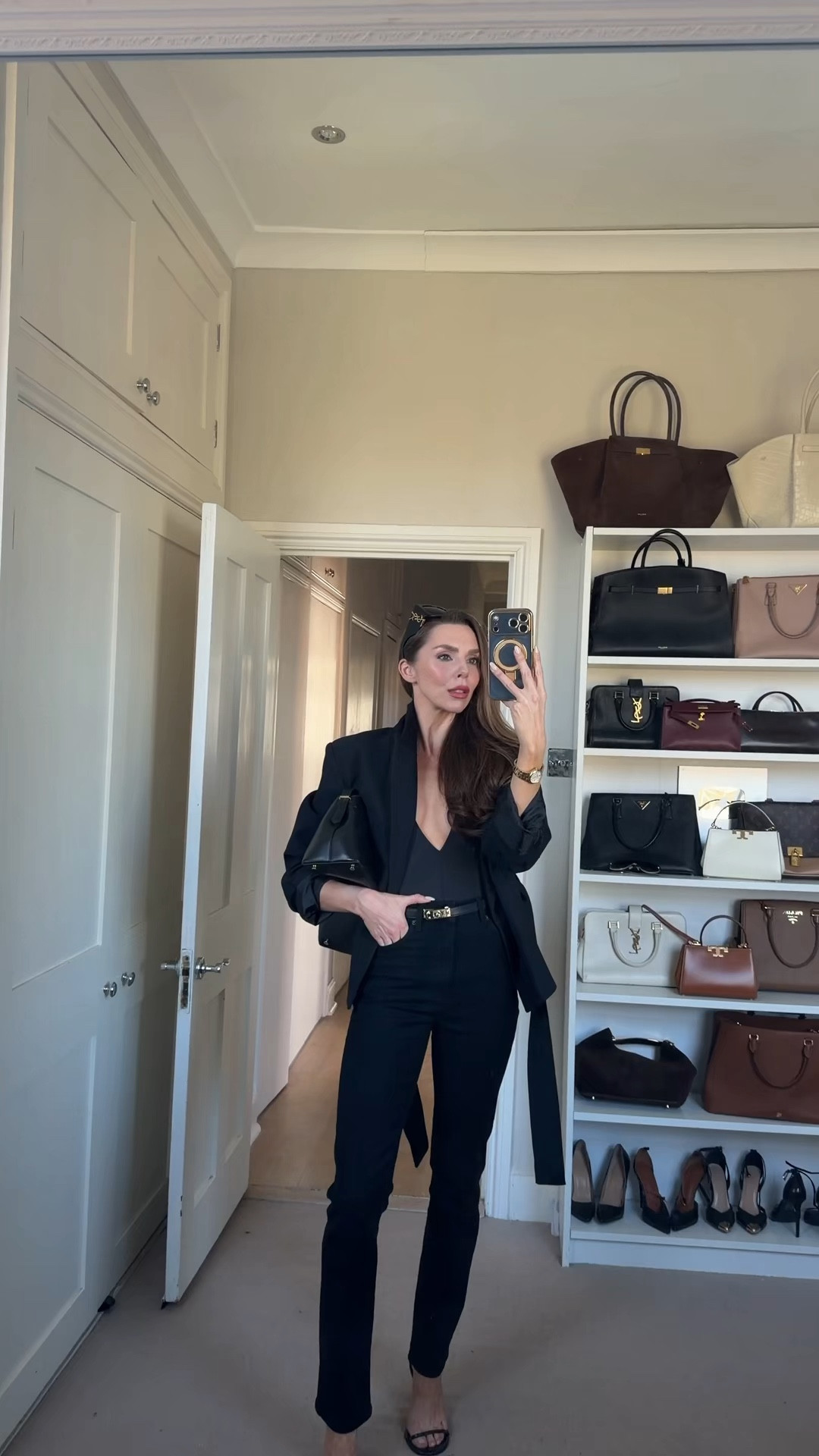 All black outfit for spring, featuring a structured black blazer, straight-leg black jeans, kitten heel sandals and a classic black shoulder bag.
Styled with YSL sunglasses and a gold-detail belt for an elevated, everyday look that works for both day and night.

#LTKuk #LTKsummer #LTKspring