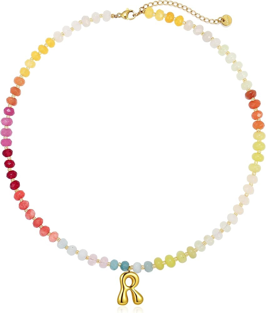 Badu Initial A-Z Colorful Beaded Gemstone Necklaces for Women 14K Gold Letter Pendant Necklace Na... | Amazon (US)