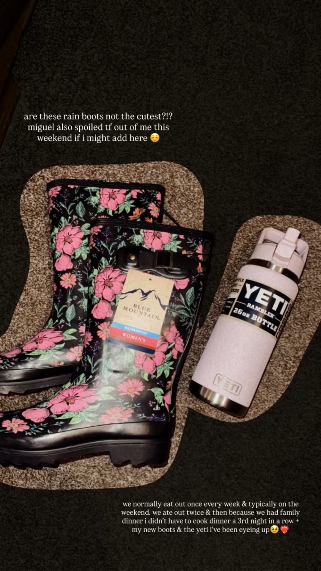 are these rain boots not the cutest?!?
miguel also spoiled me this weekend if i might add here ☺️

we normally eat out once every week & typically on the weekend. we ate out twice & then because we had family dinner i didn’t have to cook dinner a 3rd night in a row + my new boots & the yeti i’ve been eyeing up🥹❤️‍🔥

i tagged the other options because i had a hard time choosing since they’re all so cute!! 😍

#LTKHome #LTKFindsUnder50