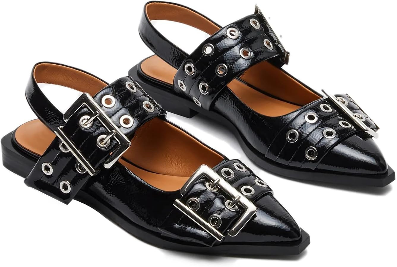 Aimery Women Buckle Ballet Flats Pointed Toe Slingback Wide Flat Casual Comfortable Ballerina Blo... | Amazon (US)