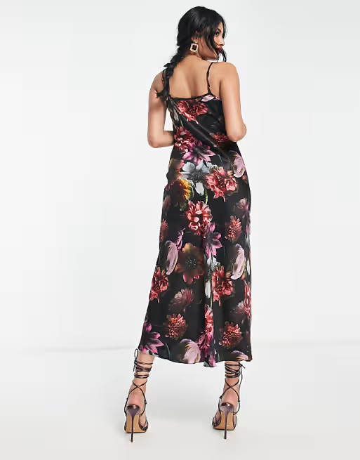 AllSaints Melody satin slip midi dress in black floral | ASOS (Global)