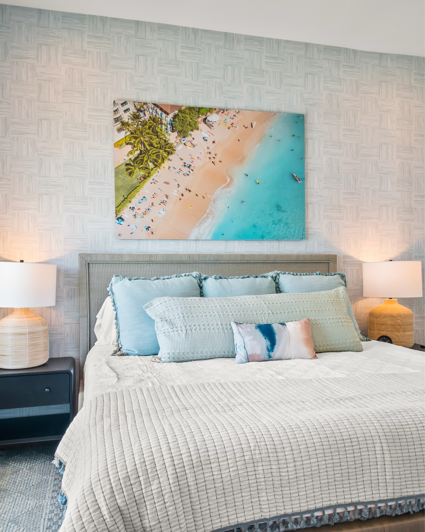 Lake views, soft textures, a touch of greenery, and coastal art that brings the beach indoors — this bedroom  retreat is all about relaxed coastal charm. This beautiful wallpaper from @Thibaut called Bay Shore Basket brings in just the right hint of pattern to elevate the space with ease. 🌊

#bedroom #bedroomdecor #bedroomdesign #bedroominspo #bedroomgoals #InteriorDesignGoals #CoastalLiving#CFDesigns #PortAransas #Texas #CorpusChristi #cctxlocal
